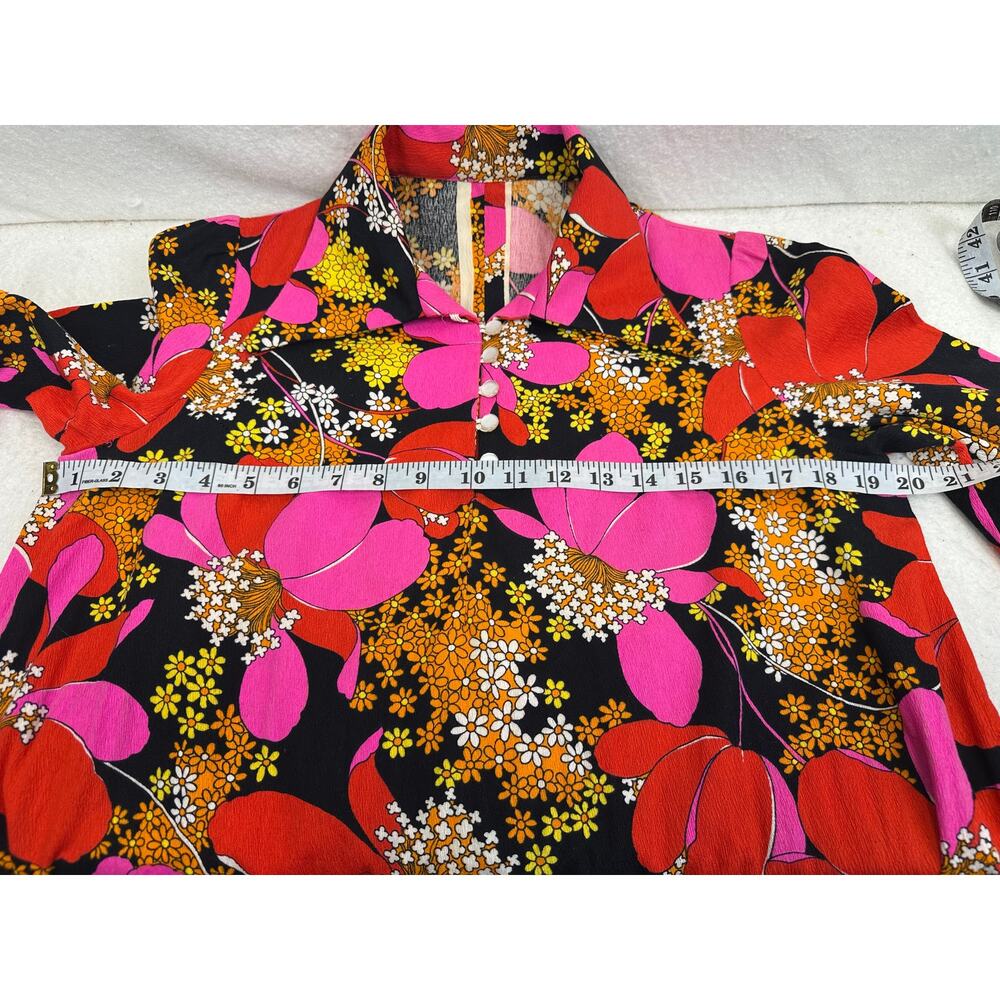 Vintage 60's 70's Mod Floral Shirt Dress Rock Bold Pointed Collar SZ L Retro - Picture 10 of 12